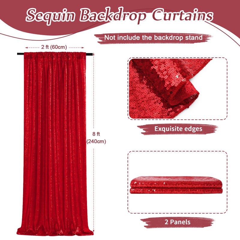 SoarDream Party Backdrop Curtains 2 Panels 2ftx8ft Red Sequin Backdrop Sparkly Glitter Fabric Backdrop Birthday Wall Decoration - Image 3